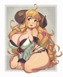 1girls 2022 anila_(granblue_fantasy) big_breasts bikini blonde_hair blush breasts brown_eyes cleavage detached_sleeves draph draph_race_(granblue_fantasy) female female_focus female_only granblue_fantasy hips horns huge_breasts kneeling light-skinned_female light_skin long_hair rizdraws smile solo_female solo_focus thick_thighs thighs wide_hips