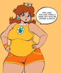 artiah669 bbw big_belly big_lips blue_eyes brown_hair earrings fat fleshpie669 hands_on_hips looking_at_viewer mario_(series) nintendo orange_background orange_shorts princess princess_daisy shorts simple_background talking_to_viewer thick_thighs yellow_shirt