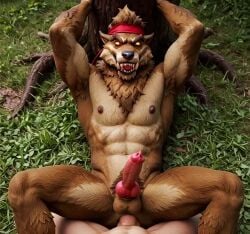 abs ai_generated anal armpit_hair armpits arms_up brown_fur chest_hair comfyui dire_(fortnite) empty_eyes epic_games fangs fortnite fortnite:_battle_royale from_above gay glowing_eyes headband knotted_penis missionary_position muscular navel nipples on_grass open_mouth pectorals penis pov pubic_hair red_headband sex sharp_teeth spread_legs tagme testicles thighs tongue tusks under_tree video yaoi yellow_eyes