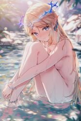 1female ai_generated cartethyia_(wuthering_waves) covered_pussy elf_ears elf_female naked naked_female nipples_covered raaicave small_breasts solo water_background wuthering_waves