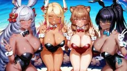 4girls ai_generated animal_ears beach black_hair blonde_hair blue_archive bowtie brown_hair bunny_costume bunny_ears bunny_girl bunnysuit child_bearing_hips cleavage covered_nipples crossover dark-skinned_female dark_skin day double_peace_sign draph draph_race_(granblue_fantasy) embarrassed erun_(granblue_fantasy) erune fake_animal_ears fertile granblue_fantasy heart-shaped_pupils horn horns huge_breasts imminent_sex karin_(blue_archive) karin_(bunny)_(blue_archive) kubira_(granblue_fantasy) kumbhira_(granblue_fantasy) log long_hair makura_(granblue_fantasy) peace_sign pink_eyes pointy_ears ponytail pov raphtalia silvesta sitting smile stable_diffusion sunny sweat tanuki_girl tate_no_yuusha_no_nariagari teeth thick_thighs thighs tongue waiting_for_sex waiting_for_turn water white_hair wide_hips wives yellow_eyes