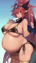1girls big_breasts bikini black_bikini bloated_belly breasts dragon_girl dragon_horns dragon_tail elf_ears female gigantic_breasts huge_breasts ice_cream kuronyan large_breasts original pregnant pregnant_female sunglasses_on_head swimsuit tanned tanned_skin yellow_eyes