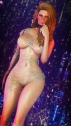 3d blonde_hair blue_eyes blurry_background collar dress fallout female female_only game_screenshot makeup piercings raindrops see-through_clothing shiny_skin skimpy_clothes suggestive_look useless_clothing wet_clothes wet_skin