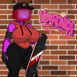 :3 black_pants brick_wall cap forsaken_(roblox) gigantic_breasts graffiti holding_skateboard importantnam red_hoodie roblox skateboard thumbless_gloves tv_head veeronica