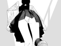ass bag chainsaw_man commentary_request female fourth_east_high_school_uniform from_below fujimoto_tatsuki_(style) greyscale highres kneehighs long_sleeves low_twintails monochrome nanami_toga panties pussy_juice school_bag school_uniform shirt socks solo twintails underwear upskirt