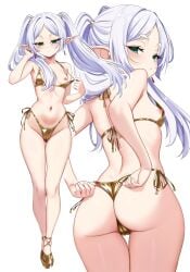 adjusting_panties ass bikini breasts cameltoe elf elf_ears frieren gold_bikini gold_heels green_eyes high_heels hips hourglass_figure kiari_art long_ears looking_back navel nipple_slip one_breast_out simple_background small_breasts sousou_no_frieren string_panties tagme thick_thighs twintails white_background white_hair