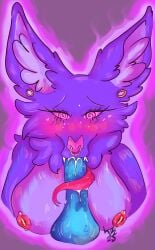 absurd_res anthro bat blush bodily_fluids bust_portrait cum cum_in_mouth cum_inside disembodied_penis drooling duo ear_piercing facial_piercing fangs female fur gauged_ear genital_fluids genitals hi_res long_tongue lust_mutt male male/female mammal nipple_piercing nipples nose_piercing nose_ring oral penis piercing portrait purple_body purple_fur ring_piercing saliva spiral_eyes teeth tongue vira_(lust_mutt)
