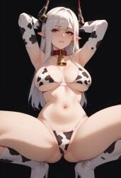 ai_generated arknights arms_behind_head arms_up cow_print hexd horns large_breasts legs_apart mudrock_(arknights) red_eyes spread_legs squatting thick_thighs thighs white_hair