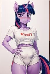 ai_generated anthro cameltoe clothed clothing crotchboobs cutie_mark friendship_is_magic humanoid midriff my_little_pony nipple_bulge purple_body shorts teats twilight_sparkle_(mlp)