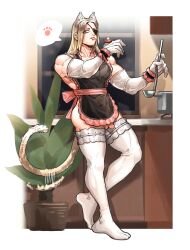 ambush_(trap) apron babulon blonde_hair cat_ears cat_tail catboy crossdressing elbow_gloves eye_patch flaccid full_body functionally_nude gloves housewife kemonomimi kengan_(series) kengan_ashura kitchen ladle long_hair long_hair_male looking_at_viewer male male_only muscular muscular_male naked_apron penis solo standing thighhighs tongue_out uncensored wagging_tail white_gloves white_legwear white_thighhighs wrist_cuffs wristbands yoshioka