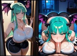 ai_generated blowjob booty_shorts crop_top morrigan_aensland pov