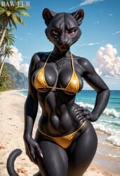 1girl 2025 ai_generated anthro anthrofied anus ass beach bikini black_body black_fur black_panther completely_nude deer digital_media feline female female_only furry furry_ass furry_female furry_only hand_on_hip nyra_black_(rawfur) outdoors panther panther_girl pantherine pose rawfur red_eyes seductive self_upload solo standing tagme tail text white_claws yellow_bikini yellow_clothing