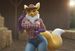 ai_generated anthro anthropomorphic big_breasts blue_eyes country_girl cowboy_hat digimon digimon_(species) farm_girl female fox fox_girl fur furry furry_only in_heat inviting_to_sex looking_at_viewer ranch_girl renamon renamon_(digimon) seductive seductive_look seductive_smile sexy sexy_body sexy_pose
