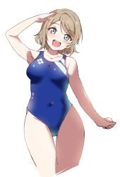 blue_eyes blush breasts brown_hair covered_navel female haruno_riku highres legs love_live! love_live!_sunshine!! one-piece_swimsuit open_mouth salute short_hair solo swimsuit thighs watanabe_you