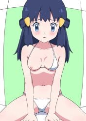alternate_costume arm_support bare_arms bare_belly bare_legs bare_shoulders bare_thighs belly_button bikini blue_eyes blue_hair blush collarbone dawn_(pokemon) hairclip long_hair mnkr98 nipples one_breast_out parted_lips pokemon sitting spread_legs thighs white_bikini