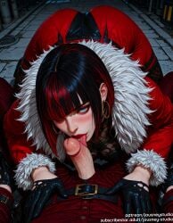 1boy ai_generated anna_williams ass bandai_namco bangs belt black_gloves black_hair black_pants blue_eyes blunt_bangs blush bob_cut breasts clothing earrings erection fellatio female female fishnets fur-trimmed_jacket fur_trim gloves hoop_earrings jacket jewelry jousneystudio large_breasts licking licking_penis lipstick looking_at_viewer makeup male multicolored_hair nail_polish namco one_eye_closed oral pants penis piercing red_hair saliva short_hair solo_focus spread_legs straight streaked_hair tekken tekken_8 text tongue tongue_out two-tone_hair veins