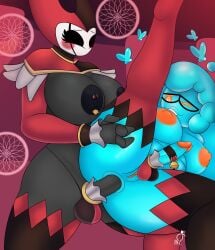 2futas alternate_costume alternate_version_available blue_body completely_nude functionally_nude futadom futanari futasub grimm_(hollow_knight) hollow_knight hornet_(hollow_knight) orange_eyes reypan tagme