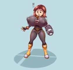 !! 1girls arm_cannon belt big_breasts black_suit blue_background boots breast_expansion breast_focus brown_hair color colored female female_only fully_clothed gloves image_set jacket light-skinned_female light_skin looking_at_breasts metachoke mii mii_gunner mii_gunner_(smash_4) mob_face motion_lines nintendo nipple_bulge orange_boots orange_jacket ripping_clothing shaded simple_background smash_logo solid_color_background super_smash_bros. super_smash_bros._for_nintendo_3ds_and_wii_u sweating tight_clothing