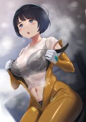 1girls big_breasts black_bra black_eyes black_hair black_panties blush bodysuit bra bra_visible_through_clothes breasts female female_only gundam gundam_gquuuuuux hair mature mature_female mature_woman milf panties shiiko_sugai shirt short_hair solo solo_female steam steaming_body steamy sweat sweatdrop sweaty unzipped_bodysuit wa_(genryusui) wet_shirt white_shirt yellow_bodysuit