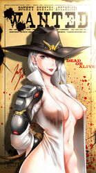 1girls 2d armor arms_behind_back arms_tied_behind_back ashe_(overwatch) beauty_mark blizzard_entertainment bondage bound_arms breasts collarbone cowboy_hat cowgirl curvy earrings english_text female female_only front_view hat hat_over_eyes highres human jazzjack large_breasts looking_at_viewer mole mole_above_mouth navel nipple_bulge no_bra open_shirt overwatch perky_breasts pokies red_eyes rope_bondage shirt silver_hair skimpy skull_earrings smile solo text toned wanted_poster