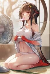 ai_generated black_hair daytime electric_fan honkai:_star_rail lift_shirt lingsha_(honkai:_star_rail) panties popsicle_in_mouth raaicave shirt_lift sitting_on_floor sunlight sweating sweating_female sweaty thighs white_clothing