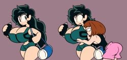 2girls big_breasts duffel_bag female_deku frost-lock izuku_midoriya rule_63 sports_bra thick_thighs uraraka_ochako