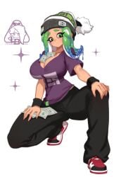 1girls artist_logo beanie breasts cleavage female large_breasts little_blood looking_at_viewer mev_(mevlingo) money money_in_cleavage nintendo octoling octoling_girl purple_shirt shirt simple_background solo splatoon white_background