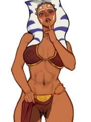 1girls ahsoka_tano akeowi athletic_female belly_dancer belly_dancer_outfit blue_eyes blush fit_female harem_girl harem_outfit jedi large_breasts loincloth loincloth_lift orange_skin pussy see-through_top shushing slave slave_bikini slave_leia_(cosplay) slave_outfit slavegirl star_wars togruta