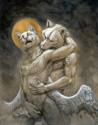 angel animal_genitalia anthro anthro_on_anthro athletic athletic_anthro balls biped canid canine canis claws closed_eyes domestic_cat domestic_dog duo fallen_angel fangs feathered_wings feathers felid feline felis fondling fur genitals grey_body grey_fur hibbary hug hybrid looking_pleasured male male/male mammal moon navel nude open_mouth outside penis penis_tip portrait sheath sheath_fondling sheath_play sky standing teeth three-quarter_portrait waist_grab wings