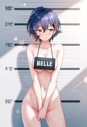 ai_generated belle_(zenless_zone_zero) covered_breasts covered_pussy embarrassed_nude_female horny_jail mugshot naked_female purple_hair raaicave shoulders zenless_zone_zero