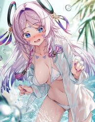 ai_generated bikini blush breasts citlali_(genshin_impact) curvy_female curvy_figure embarrassed_female female genshin_impact ocean_background palm_leaf pink_hair raaicave