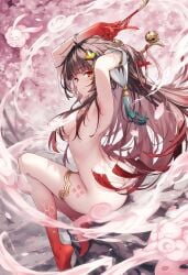 ai_generated armpit arms_up brown_hair cherry_blossoms curvy_body curvy_female curvy_figure curvy_hips honkai:_star_rail lingsha_(honkai:_star_rail) naked_female raaicave sitting