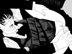 1boy blush chainsaw_man collared_shirt commentary_request dress female fourth_east_high_school_uniform fujimoto_tatsuki_(style) greyscale highres hitachi_magic_wand jacket leg_hold mitaka_asa monochrome nanami_toga open_mouth pinafore_dress pussy_juice school_uniform sex_toy shirt sleeveless sleeveless_dress spread_legs vibrator