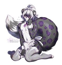 anthro apron biped bodily_fluids clothing countershade_face countershade_fur countershade_torso countershading erection erection_under_clothing felid femboy fingers fur genital_fluids hair hi_res male mammal pantherine plna precum precum_through_clothing simple_background snow_leopard solo wet wet_clothing white_background