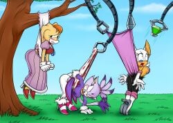 anthro blaze_the_cat embarrassed hanging_wedgie loverk90 mechanical_tentacles mobian_(species) mobian_bat panties pink_panties polka_dot_panties rouge_the_bat sonic_(series) sonic_the_hedgehog_(series) stretched_clothing stretched_underwear vanilla_the_rabbit wedgie wedgies white_panties