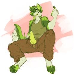 4_toes 5_fingers animal_genitalia animal_penis anthro bottomwear canid canine_genitalia canine_penis claws clothing erection eyewear eyewear_on_head feet fingers fur genitals gesture goggles goggles_on_head green_body green_eyes green_fur green_hair green_pawpads green_tongue hair hoot_(artist) inner_ear_fluff knot male mammal open_mouth pants pawpads penis penis_poking_out shirt simple_background sitting solo tail tank_top toes tongue tongue_out topwear tuft unbuttoned_pants white_background