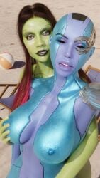 2girls 3d akikosdream bald bald_female beach big_breasts blue_skin breast_grab breasts female gamora green_skin guardians_of_the_galaxy incest marvel nebula_(marvel) nipples sisters yuri