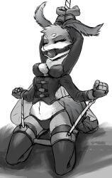 3_fingers 4_arms absurd_res anthro arthropod ball_gag bondage bondage bound clothed clothing cuff_(restraint) embarrassed female fingers gag gagged hi_res insects kneeling lepidopteran limb moth multi_arm multi_limb mythrava restraints sign solo tail wings