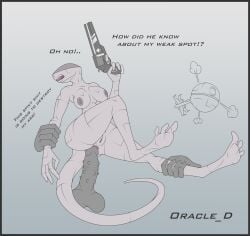 3_toes anal android big_penis faceless_female female grey_body hand_grab imminent_anal imminent_penetration imminent_rape leg_grab naked oracle_dominus penis revolver robot spiked_penis tail text