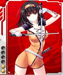 00s 1girls black_hair breasts brown_eyes card_(medium) card_(r) card_(red-r) cleavage dual_wielding female female_focus holding homura_kanade large_breasts long_hair ninja official_art sakuranbo solo sword tagme taimanin_(series) taimanin_asagi taimanin_asagi_battle_arena taimanin_asagi_battle_arena_all_card_gallery taimanin_asagi_kessen_arena weapon