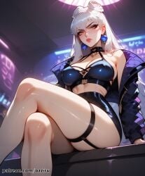 absurd_res ai_generated evelynn female female_pubic_hair hair_bun hair_buns hi_res highres k/da_all_out_evelynn k/da_all_out_series league_of_legends ozziru patreon prostitution pubic_hair self_upload strip_club uncensored white_hair yellow_eyes