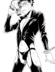 blush clothed clothing danganronpa danganronpa_2:_goodbye_despair handcuffed handcuffs hinata_hajime male male_focus male_only partially_clothed slutty_clothes solo solo_focus solo_male underwear uurin