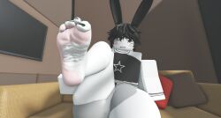 3d black_hair bunny_ears couch feet feet_fetish femboy foot_fetish foot_focus green_nails highres male pillow roblox robloxian television tv white_body white_feet