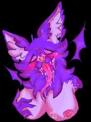 anthro bat blush bodily_fluids breast_grab breasts bust_portrait drooling ear_piercing ear_ring fangs female fur hand_on_breast hi_res long_tongue lust_mutt mammal nipple_piercing nipples piercing portrait purple_body purple_fur ring_piercing saliva solo spiral_eyes teeth tongue vira_(lust_mutt)