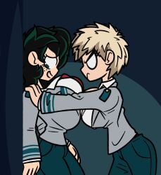 2girls bakugou_katsuki big_breasts deku female_bakugou female_deku frost-lock izuku_midoriya katsuki_bakugou midoriya_izuku my_hero_academia rule_63 thick_thighs