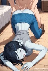 1boy adventure_time ai_generated all_fours ass ass_grab bangs bare_shoulders bed bent_over black_eyes black_hair blue_pants blue_skin blush boots breasts brown_footwear carpet cartoon_network clothed_female_nude_male clothed_sex clothes_lift clothing colored_skin crop_top cum cum_in_pussy cum_on_ass cum_overflow denim doggy_style ejaculation female female footwear grey_shirt grey_skin indoors jeans jousneystudio large_breasts long_hair lying male marceline marceline_abadeer marceline_the_vampire_queen medium_breasts midriff nakadashi navel nude on_bed open_mouth original overflow pants penis pointy_ears semen sex sex_from_behind shirt sleeveless sleeveless_shirt solid_eyes solo_focus straight sweat taken_from_behind tank_top teeth text thighs tongue top-down_bottom-up trembling upper_teeth_only warner_bros warner_brothers white_skin wooden_floor