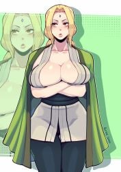 1girls arms_under_breasts artist_name black_pants blonde_hair breasts butter_sugoi collarbone commentary cowboy_shot crossed_arms facial_mark female forehead_mark gluteal_fold green_background haori highres japanese_clothes large_breasts naruto naruto_(series) pants sidelocks signature solo thick_lips thigh_gap tsunade zoom_layer