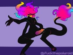 4_arms animal_genitalia anthro black_body bodily_fluids colored_fire digitigrade dripping fire flaming_head flaming_tail genital_fluids genital_slit genitals gradient_penis hi_res kaydelas male male_only multi_arm multi_limb multicolored_penis penis precum precum_drip presenting presenting_penis solo tail tapering_penis unknown_species yasterwolly