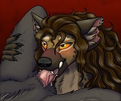 anthro blush bodily_fluids brown_body brown_fur canid canine duo ear_piercing fellatio female fur genitals gnoll hair heart_eyes heart_symbol hi_res hyena long_hair male male/female mammal markings oral penile penis piercing saliva sex spots spotted_body spotted_fur teeth thehatredburrito torn_ear vein veiny_penis
