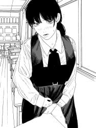 blush chainsaw_man classroom collared_shirt crotch_rub desk dress female female_masturbation fourth_east_high_school_uniform fujimoto_tatsuki_(style) greyscale highres indoors long_sleeves looking_at_viewer masturbation mitaka_asa monochrome nanami_toga open_mouth pinafore_dress school_desk school_uniform shirt sleeveless sleeveless_dress solo sweat table_humping window